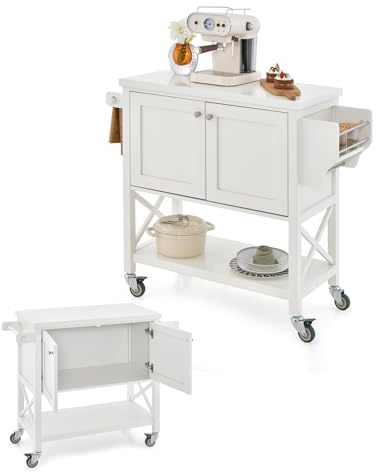 KOMFOTTEU Carro de Servicio para Cocina, Carrito Auxiliar con Armario, Estante Abierto, Toallero y Especiero, Isla de Almacenamiento con Ruedas y Puertas, para Comedor, Bar, 100 x 38 x 87 cm