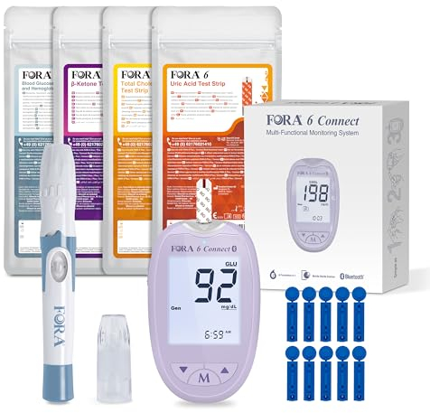 FORA 6 Connect | 4-in-1 Blutzucker-, Keton-, Cholesterin-, Harnsäure-Messgerät | Für die Selbstanwendung zu Hause | Bluetooth & App | Inkl. Teststreifen & Zubehör, Lavendel Lila