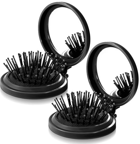 Molain 2 Stück Faltbare Haarbürsten mit Reise Spiegel, Runde Tragbare Mini-Haarbürste reisebürste Taschenspiegel Klappbar reisehaarbürste Haarmassagekamm für Männer Mädchen Frauen(Schwarz)