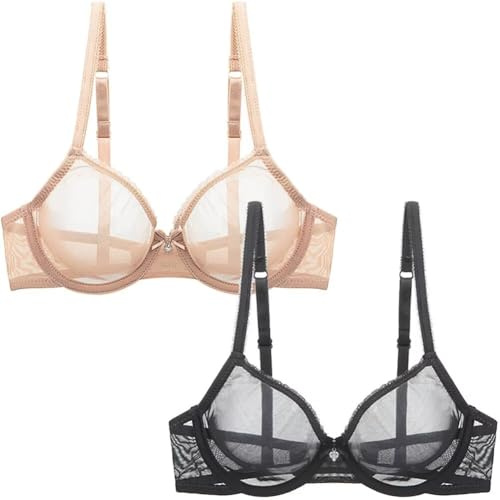 Reggiseno da donna in pizzo trasparente senza imbottitura, con ferretto, ultra sottile e leggero, per supporto e rialzo, Nero + beige., S