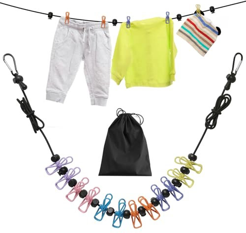 Travel Washing Line, Portable Clothes Line, Adjustable Elastic Travel Clothesline Retractable Clothesline with 12 Clothes Clips for Indoor and Outdoor, Balcony, Outdoor Camping use