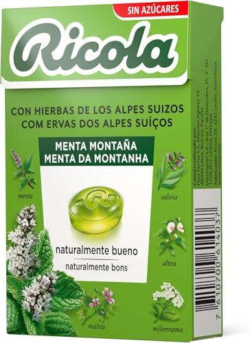 Ricola – Menta Montaña, Caramelos Duros, Refresca y Alivia la Garganta y las Vías Respiratorias, con Extracto de Menta, 13 Hierbas Suizas y Aceites Esenciales, Sin Azúcar, con Edulcorante - Caja 50 g