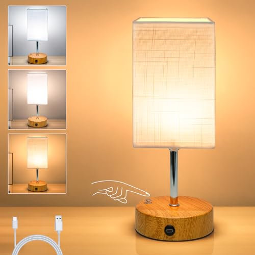 6000mAh Bedside Lamps, 10.8 Touch Control Rechargeable Table Lamp with Wood Grained Base & Fabric Lampshade, Dimmable Minimalist Wireless Battery Lamp for Living Room Bedroom Office Kids Decor