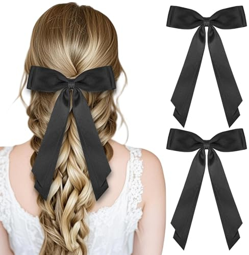 MOXYOY 2PCS Bow Hair Clip, Black Hair Bows for Girls Silky Satin, Solid Color Large Bowknot Hairpin with Long Ribbon, Barrettes Accessories for Girls Women (Black)