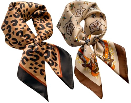 KEWUF 2 Piezas Pañuelos Cabeza, Pañuelos Cuello Mujer, Pañuelo de Seda Satinada, Adecuado para Pañuelo en la Cabeza, Pañuelo, Cuello, Muñeca (70 * 70CM, Estampado de Leopardo, Plumas Color Caqui)