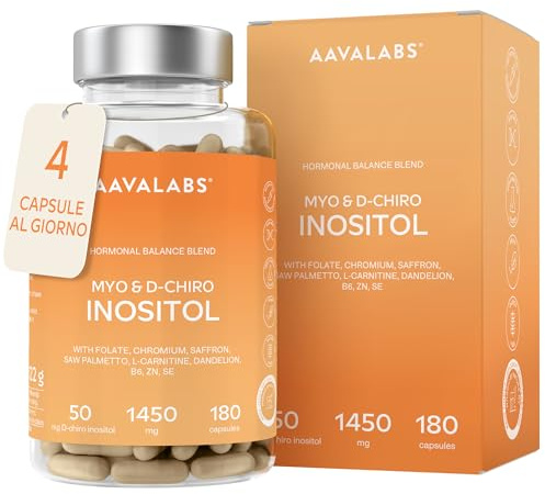 Myo Inositolo e D-Chiro Inositolo Integratore 1450mg | Equilibrio Ormonale e Supporto Metabolico Femminile con Tarassaco Zafferano Acido Folico Cromo Zinco Selenio Vitamina B6-180 Capsule Vegane