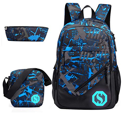 SellerFun Teenage Boy Girl Unisex Multifunctional School Bag Backpack with Florescent Mark(ColorF 3 Sets,20L)
