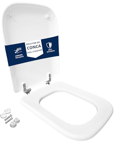 HYDRO HOME Copriwater compatibile con Ideal Standard Conca, Tavoletta WC Antibatterica in Plastica Termoindurente, Sedile WC Avvolgente con Cerniere Inox Fisse, Fissaggio inclinato, Bianco