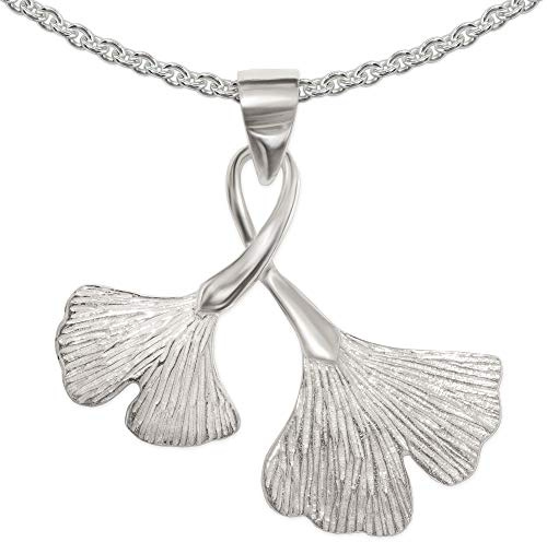 CLEVER SCHMUCK Ginkgoblatt Damen Halskette 29 mm Ginkgooblatt Silber doppelt verschnörkelte Öse + Erbskette 45cm STERLING 925 im Etui creme