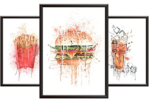 Kitchen Art Wall Pictures (Set of 3 Posters) | Funky Abstract Wall Art Print Set - Fun Watercolour Fast Food Posters as Kitchen Decor - Burger Fries Cola - Unframed A4