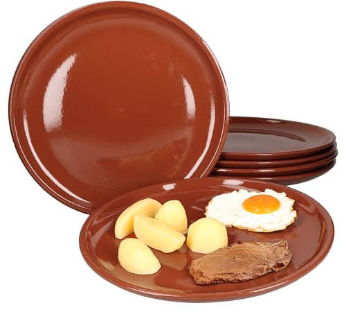 MamboCat Set 6 piatti piani in terracotta Ø 28,5 cm 6 persone Piastra per bistecca Piastra per grigliare Piastra di servizio Mediterranea smaltata Pezzo unico fatto a mano Mercato medievale