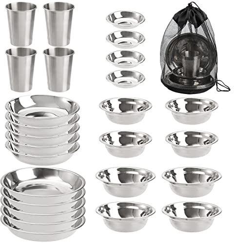 TOPZEA Set of 26 Stainless Steel Camping Plates and Bowls, Camping Mess Kits Camping Dish Set Tableware Includes Plates, Bowl, Cups, Stainless Steel Dinnerware for Camping, Hiking, Travel, Picnic