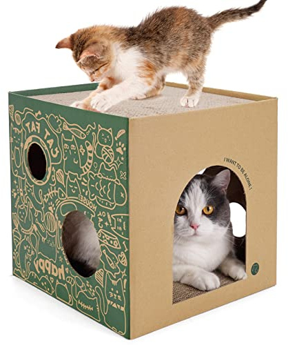 Cardboard Cat House with 2 Story Scratch Pads - Indoor Cat Play House, Corrugated Scratcher Box, Hideout for Small Animals