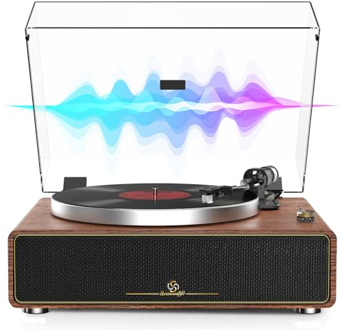 Turntable Record Player with Built-in Speakers, Vinyl Record Player Support Bluetooth Playback Auto Stop 33&45 RPM Speed RCA Line Out AUX in All-in-one Belt-Drive Turntable for Vinyl Records