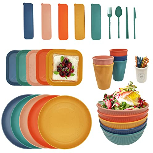 YEEBECA 58-Teiliges Camping Geschirr Set, Geschirr Set für 5 Personen BPA-Freies, Das Outdoor Geschirr Set in 5 Farben Eignet Sich für Familienessen, Picknick und Camping.