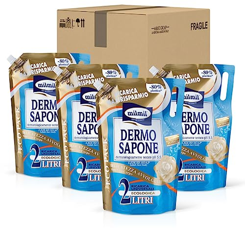 Milmil Dermo Sapone Liquido Delicatezza Avvolgente, Sapone Mani, Viso e Corpo, Maxi Formato Ricarica Universale, Dermatologicamente Testato senza Parabeni - 4 x 2000 ML