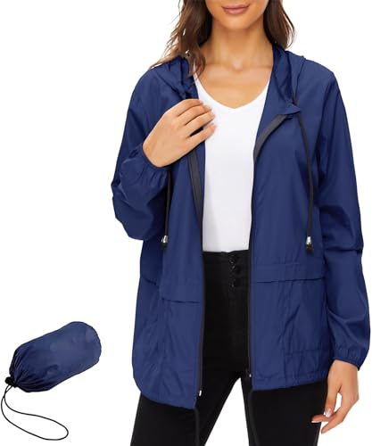 PONCEAU Ladies Lightweight Waterproof Jacket Windbreaker Thin Hooded Trenchcoats Bike Rain Jackets Windcheater Packable Travel Active Outdoor Lightweight