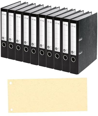 VON Leitz Set Ordner A4, 10er Pack, 100% Recyclingpapier, 50 mm Rückenbreite, Für 350 Blatt, Blauer Engel & FSC-zertifiziert Schwarz, 10540095 + Esselte Trennstreifen aus Karton, 100 Stück, 20993