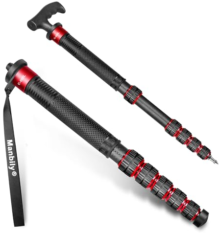 Manbily 32mm Einbeinstativ Carbon für Kameras 44cm-174cm Kohlefaser Monopod Stativ DSLR Reise-Einbeinstativ mit Gehstockgriff 6 Abschnitte Wanderstöcke Max. 15KG mit Telefonclip für Videokamera (Rot)