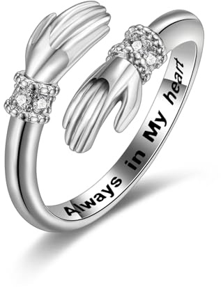 VYYU Silver Hug Rings for Women - Always In My Heart Gifts, Mum Ring Hugging Hands Open Ring Friendship Jewelry Gift Hug from Heaven Nana Grandma Grandpa