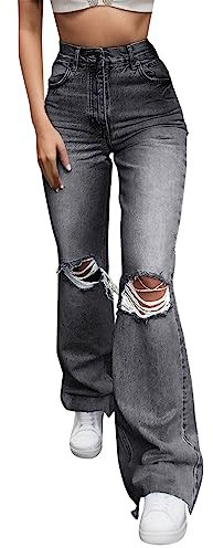 Baggy Jeans Damen Y2k - Zerrissenes lockeres gerades Bein Hose mit hoher Taille Klamotten Für Jugendliche Mädchen Sommer Teenager Summer Loose Capri Wanderhose 001k Grau, M