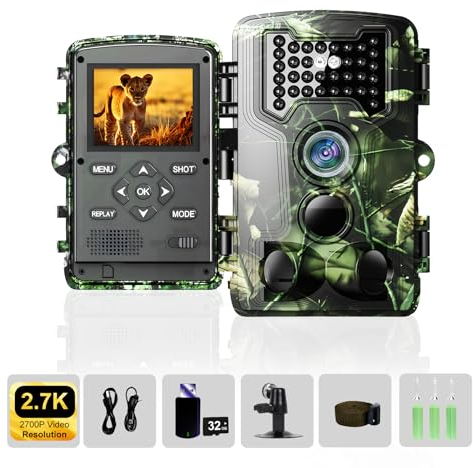 Wildkamera, 2700P Video Wildtierkamera, 58MP Full HD-Auflösung, Bewegungssensor, Nachtsicht, 0,1s Auslösezeit, kein Glühen Infrarot Wildkamera mit 32G Speicherkarte & Kartenleser IP66 Wasserdicht