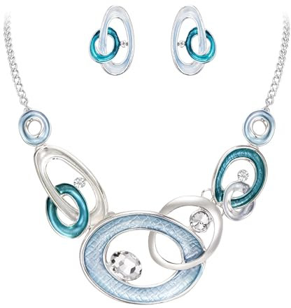 EVER FAITH Emaille Mode Schmuckset funkelnde ovale Kreise Strass Anhänger Kragen Halskette Ohrringe Set Statement Schmuck für Damen Hochzeit Party Blau Silber-Ton