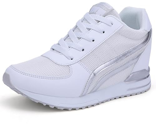 MIXSEN Baskets Femmes Compensées Chaussure de Sport Marche Fitness Respirante Tennis Sneakers Invisible Talon 7cm(Blanc,35EU)