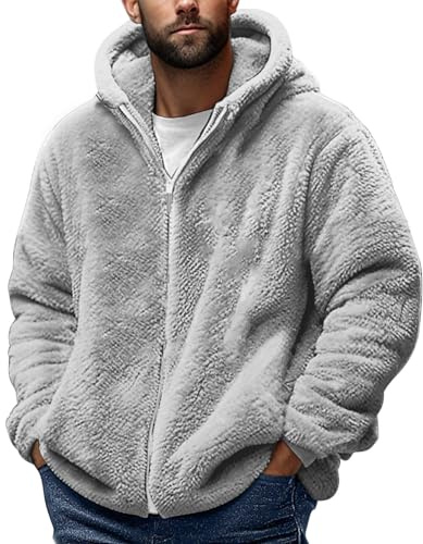 ANHATUIV Veste polaire d'hiver à capuche pour homme avec fermeture éclair - Manteau moelleux avec poches - Sweat à capuche thermique en peluche - Pull chaud, Gris 2., M
