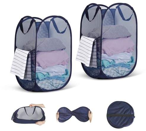 Cesta de lavandería plegable WUFANC, paquete de 2 (34 x 34 x 60 cm), cesta de lavandería plegable de malla con asa para baño, camping, residencia universitaria y viajes.