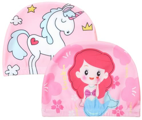 2 Pièces Bonnets De Bain Enfants Bonnet, Bonnet de Bain pour Enfants 2-10 Ans, 2 Pièces Bonnet Natation Imperméable Bonnet Piscine pour Fille Cheveux Longs(A)