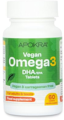 APOKRA Vegan Omega 3 DHA – for Adults & Teens – 60 Vanilla-Coated Algae Tablets with L-Lysine – Plant-Based Fish Oil Alternative – Carrageenan-Free, Sustainable