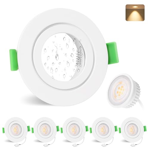 YindaLux 6x Foco empotrable LED 230V 5W 550LM IP65 Spot de techo 2700K Luz cálida Spot LED Taladro 68mm Luz empotrada Plana GU10 Spots empotrable para Baño Salón Blanco, No regulable