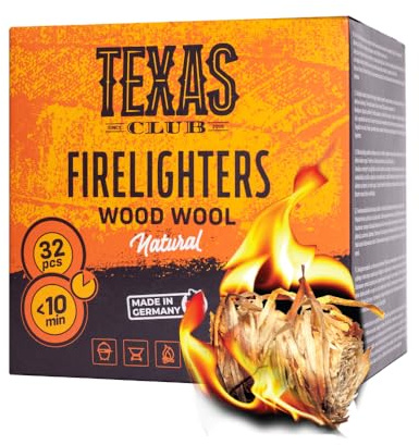 Texas Club Wood Wool - Accendifuoco in lana di legno, 32 pezzi | Ecologico, sicuro e facile da usare, combustione di lunga durata