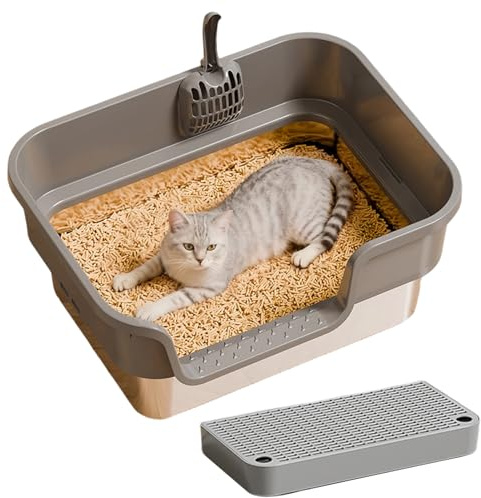 Bac à litière pour chat en acier inoxydable, design anti-fuite, grande toilette pour animaux d'intérieur de 43 x 33 cm, corps lisse antiadhésif, poêle facile à nettoyer à faible odeur avec ou