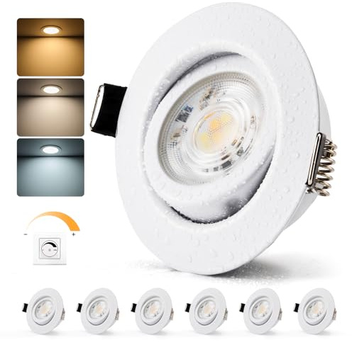 Bojim Dimbar infällbar LED-spotlight 230 V, IP44 hål badrum 68 mm | Varm/neutral/kall vit, 7 W takfläckar för kök vardagsrum, set om 6