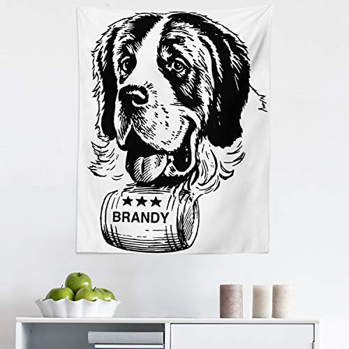 Lunarable Man Cave Tapestry, Vintage Sketch of Saint Bernard Rolling a Keg of Brandy Whiskey Stars Retro, Fabric Wall Hanging Decor for Bedroom Living Room Dorm, 23 X 28, Black and White