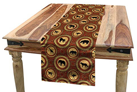 ABAKUHAUS Safari Tischläufer, AFFE Lion Folk African, Esszimmer Küche Rechteckiger Dekorativer Tischläufer, 40 x 300 cm, Senf und Braun
