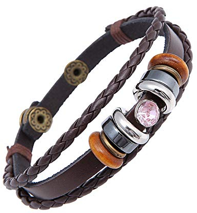 ADGJL Damen Lederarmbänder,Mode Leder Armband Handgefertigt Geflochtene Braune Manschette Armreif Rosa Kristall Schmuck Versteckte Druckknopf Für Paar Geburtstagsgeschenk
