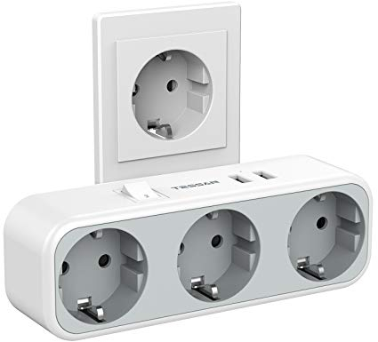 TESSAN Ladron Enchufes USB, 5 en 1 Enchufe Múltiple con 3 Tomas de Corriente, Triple Cargador Multiple Compatible con Phone, Pad, Multiplicador Regletas para Hogar Gris
