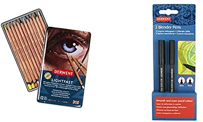 Derwent Lightfast Colouring Pencils, Drawing & Colouring, Set Of 12,Professional Quality, 2302719 & Blender Pen, Set of 2, 2mm and 4mm nibs, Professional Quality, 2302177
