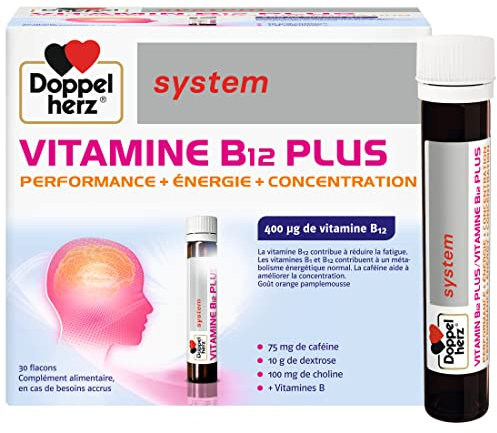Doppelherz system VITAMINE B12 PLUS, Complément alimentaire, Liquid ,Performance, Énergie et Concentration, Goût Orange et Pamplemousse, 30 flacons de 25 ml