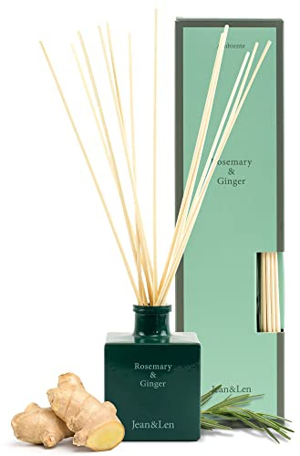 Jean & Len Rumsdoft Rosmarin Och Ingefära, I Snygg Och Påfyllningsbar Glasbehållare, Kryddig Och Fräsch Unisexdoft Av Rosmarin Och Ingefära, Rumsdoft Med Diffuserpinnar, Vegansk, 100 Ml