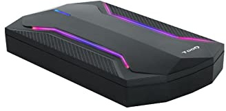 TooQ TQE-2599RGB - Carcasa para Discos Duros HDD/SSD de 2.5, (SATA I/II/III de hasta 9.5 mm de Alto, USB 3.0), Indicador LED de Lectura/Escritura, Color Negro con Leds Rojo, Verde y Azul, 71 grs