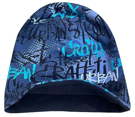 Wollhuhn Öko Warme Winter Jungen/Mädchen/Kinder Winter Long Beanie Mütze Mit Fleecefutter Versch. Motive (aus Öko-Stoffen, Bio) 20220666 (Skater Blau/Grau, L)