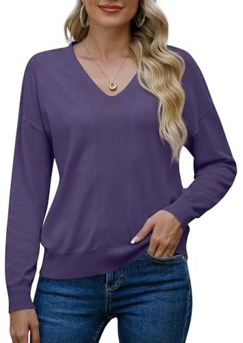 PrinStory Suéter de manga larga para mujer Sudaderas Cuello en V Suave Color sólido Tops Casual Prendas de punto, morado, M