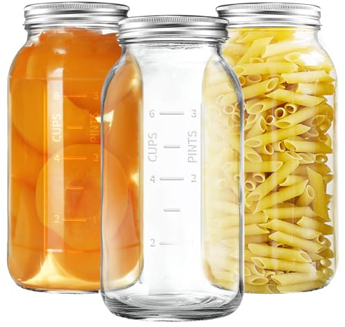 Xylanor 64 OZ Wide Mouth Mason Jars with Lids, Heavy Duty Glass Airtight Storage Canning Jar and Band Half Gallon / 2 Quart, Set of 3