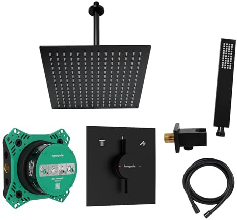 vanvilla Duschsystem mit Unterputz Duscharmatur von Hansgrohe Duo Turn E und vanvilla Regendusche mit Armatur, Duschkopf eckig, Dusch-SET HGS202 schwarz matt