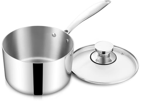 Homikit 16 cm kastrull, 3-lagers rostfritt stål, gryta, glaslock, mjölkgryta induktion 1,9 l, obelagd, kastrull för alla typer av spisar för matlagning