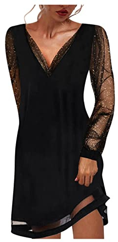 Robe Tulle Sexy pour Femmes, Soirée Courte Splice, Brillante Manches Longues Paillettes Coupe Ajustée, Grâce Classique Col-V Tunique Élégante pour Fête Cocktail